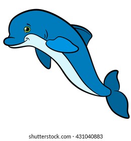 Cartoon animals for kids. Little cute dolphin jumps and smiles.