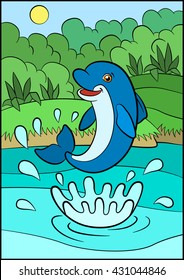 Cartoon animals for kids. Little cute dolphin jumps out of the water and smiles. There is island with bushes and grass behind him.