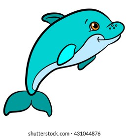 Cartoon animals for kids. Little cute baby dolphin swims and smiles.