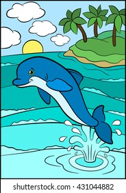 Cartoon animals for kids. Little cute dolphin jumps out of the water and smiles. There is an island with palms behind him.
