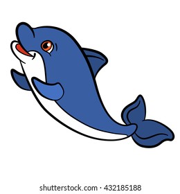 Cartoon animals for kids. Little cute baby dolphin swims and smiles.
