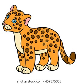 Cartoon animals for kids. Little cute baby jaguar smiles.