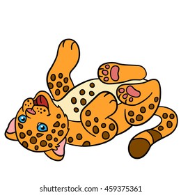 Cartoon animals for kids. Little cute baby jaguar smiles.