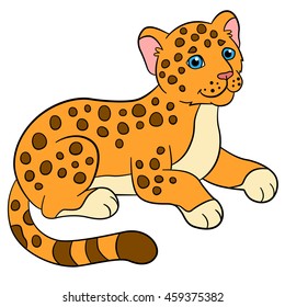 Cartoon animals for kids. Little cute baby jaguar smiles.