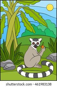 Cartoon animals for kids. Little cute lemur holds a fruit in his hand and smiles.