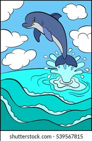 Cartoon animals for kids. Little cute dolphin jumps out of the water and smiles.