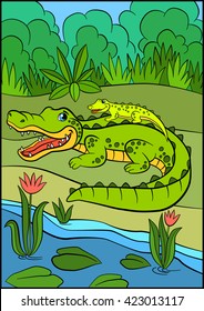 Cartoon animals for kids. Mother alligator with her little cute baby alligator in her back. 