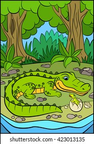 Cartoon animals for kids. Mother alligator looks at her little cute baby alligator in the egg.