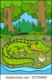 Cartoon animals for kids. Mother alligator looks at her little cute baby alligator in the egg.