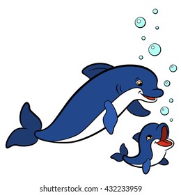 Cartoon animals for kids. Mother dolphin swims with her little cute baby dolphin and smiles.