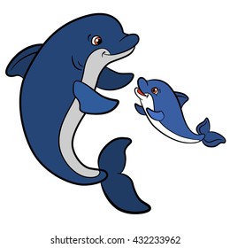 Cartoon animals for kids. Mother dolphin swims with her little cute baby dolphin and smiles.