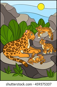 Cartoon animals for kids. Mother jaguar with her little cute cubs on the stones.