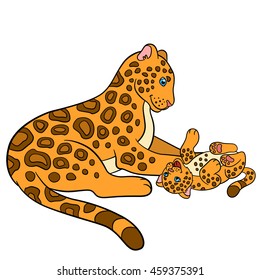 Cartoon animals for kids. Mother jaguar with her little cute cub.