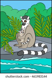 Cartoon animals for kids. Mother lemur sits on the stone near the sea with her little cute baby.