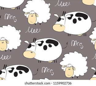 Cartoon animals for kids. Seamless pattern with funny sheep and cow. Vector illustration.