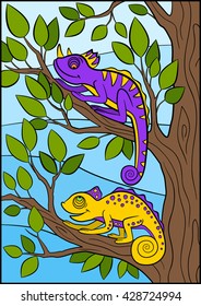 Cartoon animals for kids. Two little cute chameleons sits on the tree branch.