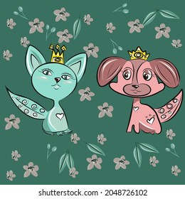 Cartoon animals. Kitty and dog. Children's style. Wallpaper, decoration of the children's room. Isolated vector objects.