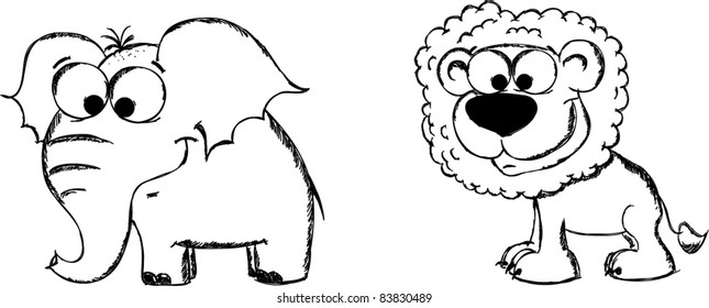 cartoon animals, lion, elephant,