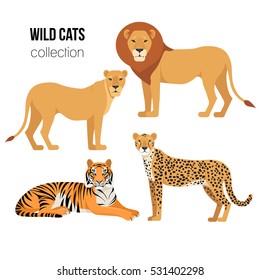 Cartoon animals: lion, lioness, cheetah, tiger. The drawn set of wild cats. Collection of stylized predators in a flat style. Vector illustration