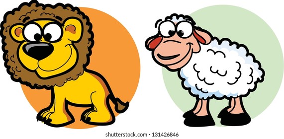 Cartoon animals - lion and sheep, vector