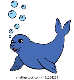 Cartoon animals. Little cute baby seal swims and smiles.