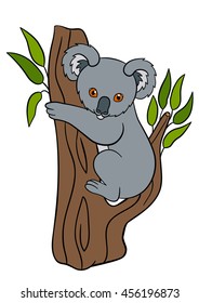 Cartoon animals. Little cute baby koala sits on the tree branch and smiles.