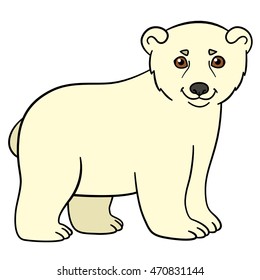 Cartoon animals. Little cute baby polar bear stands and smiles.