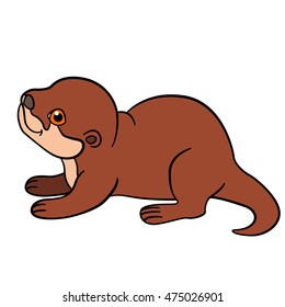 Cartoon animals. Little cute baby otter stands and smiles.