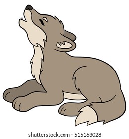 Cartoon animals. Little cute baby wolf lies and howls.