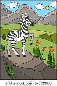 Cartoon animals. Little cute baby zebra stands on the stone.