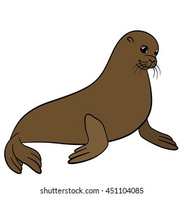 Cartoon animals. Little cute brown fur seal smiles.