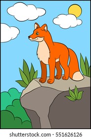 Cartoon animals. Little cute fox stands on the top of the rock and smiles.