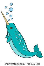 Cartoon animals. Little cute narwhal swims and smiles.