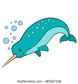 Cartoon animals. Little cute narwhal swims and smiles.