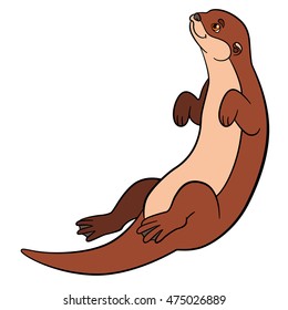 Cartoon animals. Little cute otter swims and smiles.
