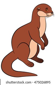 Cartoon animals. Little cute otter stands and smiles.