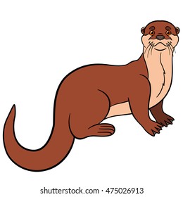 Cartoon animals. Little cute otter stands and smiles.