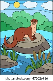 Cartoon animals. Little cute otter stands on the stone in the river and smiles.