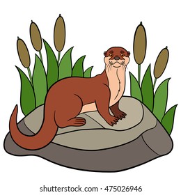 Cartoon animals. Little cute otter stands on the stone and smiles.