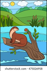 Cartoon animals. Little cute otter sits on the tree branch in the river and looks at the flower.