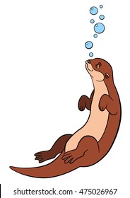 Cartoon animals. Little cute otter swims and smiles.