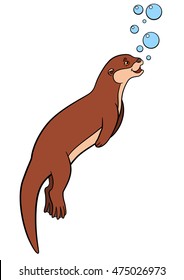 Cartoon animals. Little cute otter swims and smiles.