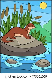 Cartoon animals. Little cute otter stands on the stone in the river and smiles.