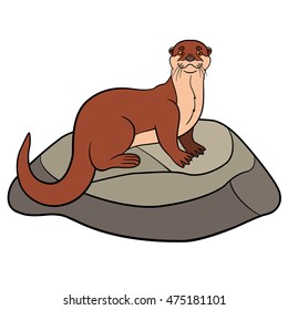 Cartoon animals. Little cute otter stands on the stone and smiles.