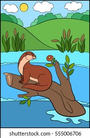 Cartoon animals. Little cute otter sits on the tree branch in the river and looks at the flower.