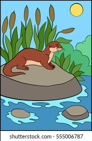 Cartoon animals. Little cute otter stands on the stone in the river and smiles.