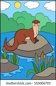 Cartoon animals. Little cute otter stands on the stone in the river and smiles.