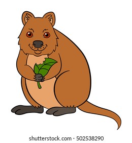 Cartoon animals. Little cute quokka holds the leaf in the hands.