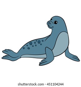 Cartoon animals. Little cute spotted seal smiles.