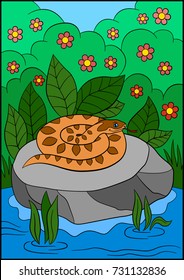 Cartoon animals. Little cute viper lies on the stone.